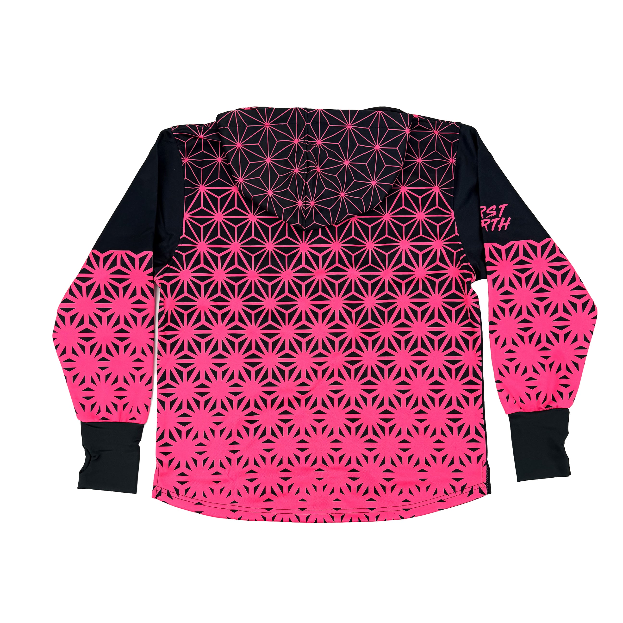 Asanoha pink UV zip‑up hoodie by First Earth – cozy rave hoodie featuring glowing sacred geometry, thumb holes, and relaxed scoop hem for festival layering 