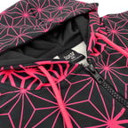 Asanoha pink UV zip‑up hoodie by First Earth – cozy rave hoodie featuring glowing sacred geometry, thumb holes, and relaxed scoop hem for festival layering 