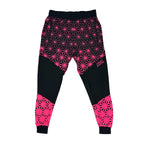 Asanoha pink UV joggers by First Earth – festival-friendly pants with glowing sacred geometry design, breathable fabric, zip pockets, and relaxed fit waistband 