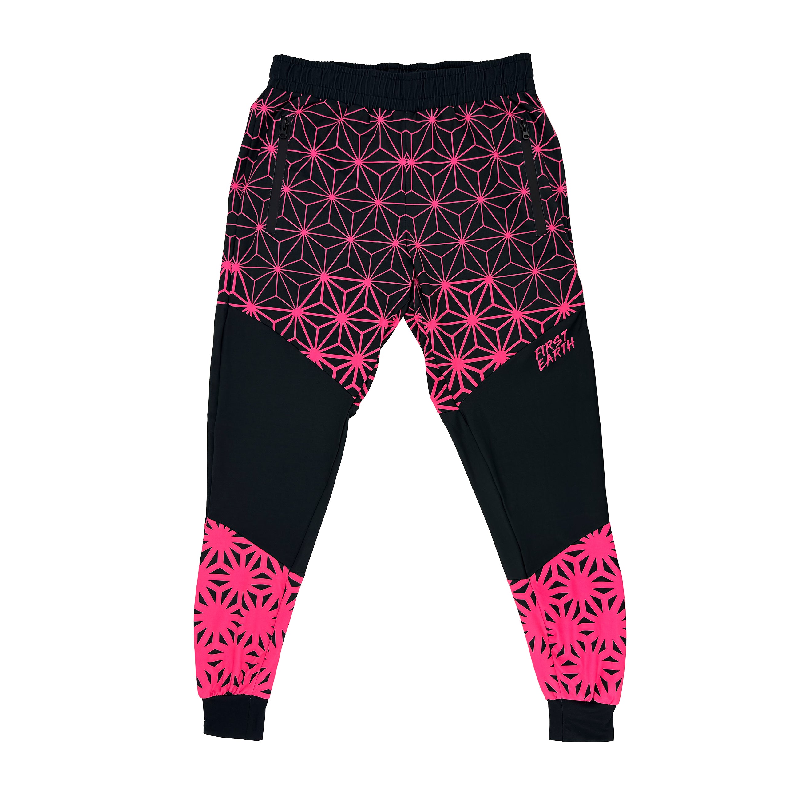 Asanoha pink UV joggers by First Earth – festival-friendly pants with glowing sacred geometry design, breathable fabric, zip pockets, and relaxed fit waistband 