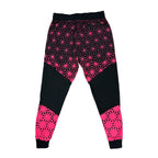 Asanoha pink UV joggers by First Earth – festival-friendly pants with glowing sacred geometry design, breathable fabric, zip pockets, and relaxed fit waistband 