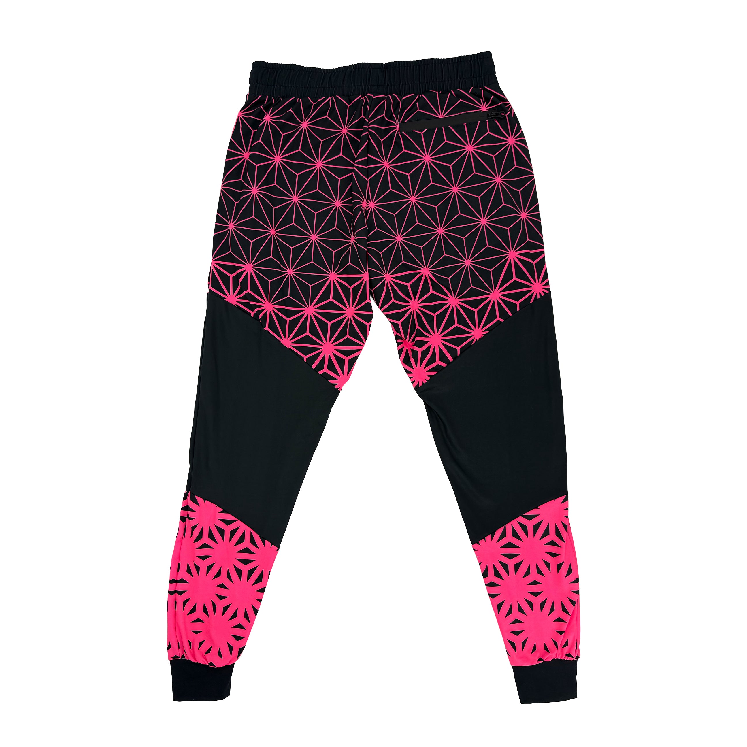 Asanoha pink UV joggers by First Earth – festival-friendly pants with glowing sacred geometry design, breathable fabric, zip pockets, and relaxed fit waistband 