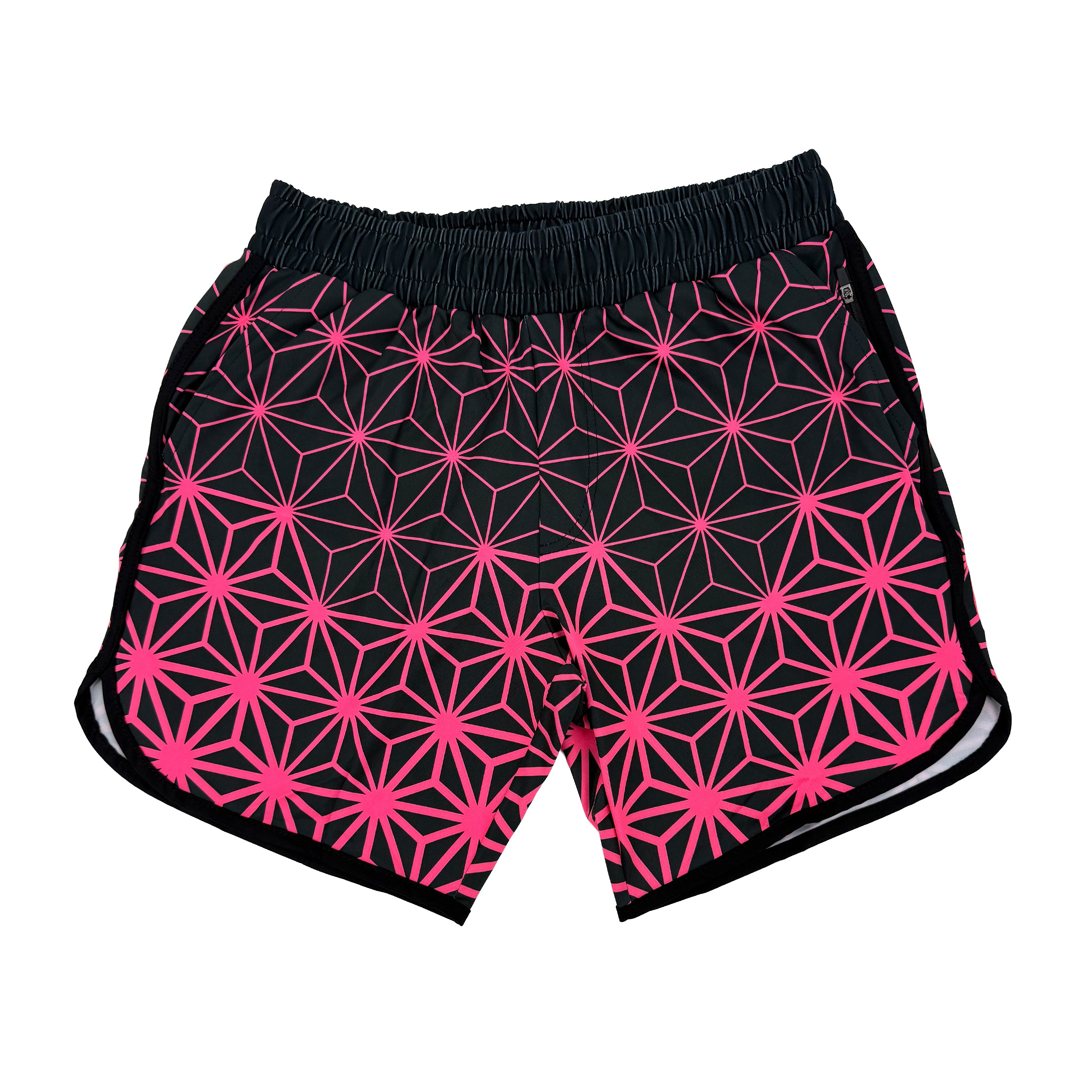 Asanoha pink UV shorts by First Earth – rave-ready shorts with glowing sacred geometry design under blacklight, soft breathable fabric, zip and velcro pockets for hands-free flow