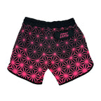 Asanoha pink UV shorts by First Earth – rave-ready shorts with glowing sacred geometry design under blacklight, soft breathable fabric, zip and velcro pockets for hands-free flow