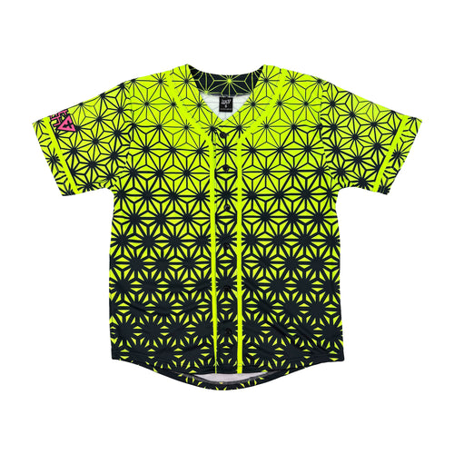 Asanoha yellow UV baseball jersey by First Earth – oversized rave jersey that glows under blacklight, featuring geometric Asanoha design on soft breathable fabric 