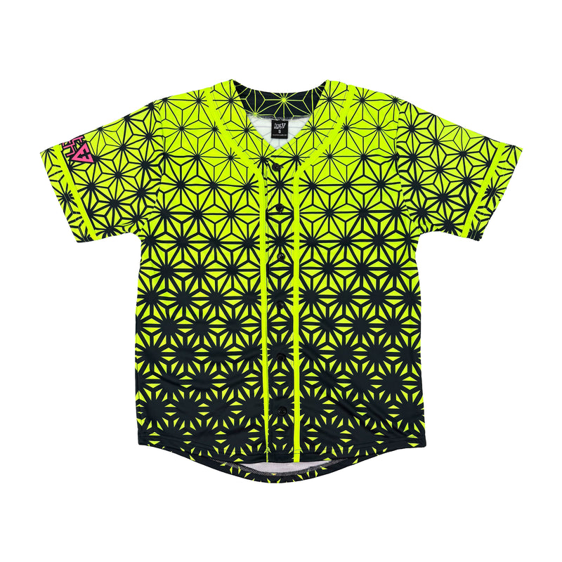 Asanoha yellow UV baseball jersey by First Earth – oversized rave jersey that glows under blacklight, featuring geometric Asanoha design on soft breathable fabric 
