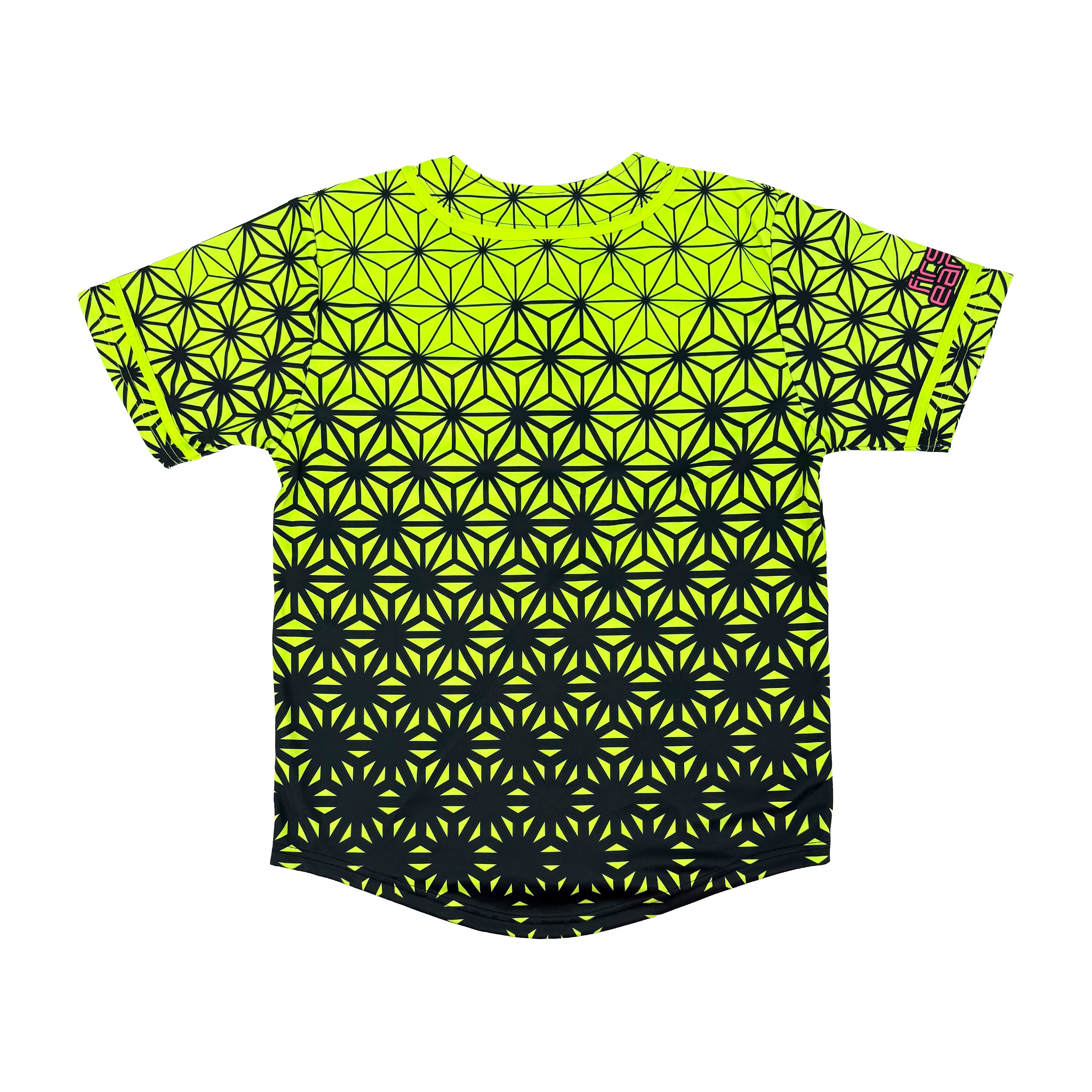 Asanoha yellow UV baseball jersey by First Earth – oversized rave jersey that glows under blacklight, featuring geometric Asanoha design on soft breathable fabric 