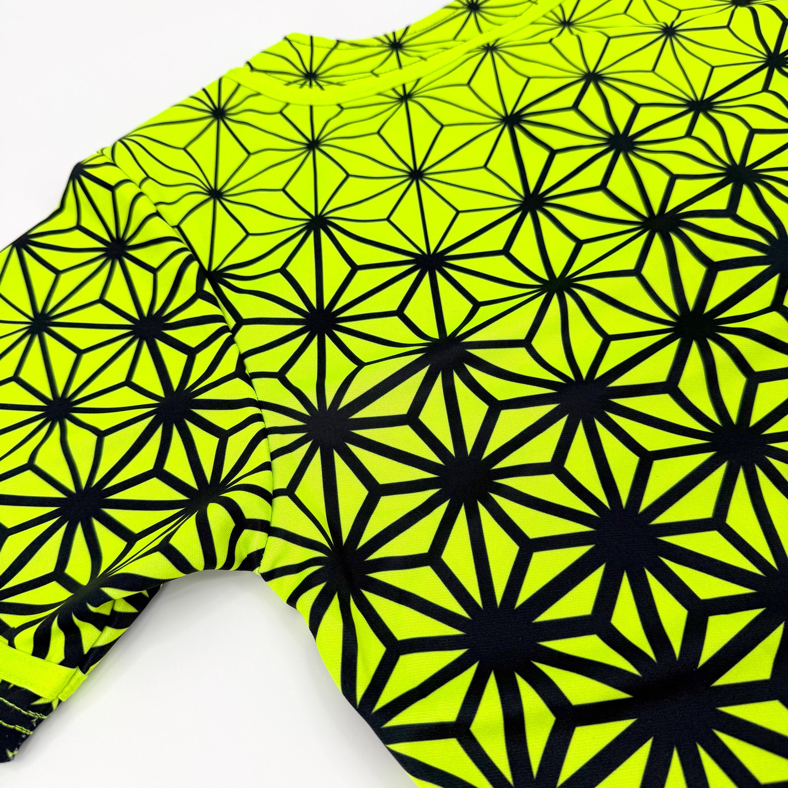 Asanoha yellow UV baseball jersey by First Earth – oversized rave jersey that glows under blacklight, featuring geometric Asanoha design on soft breathable fabric 