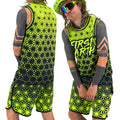 Asanoha yellow UV basketball jersey by First Earth – breathable rave jersey with glowing Asanoha geometric pattern on mesh fabric 