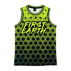Asanoha yellow UV basketball jersey by First Earth – breathable rave jersey with glowing Asanoha geometric pattern on mesh fabric 