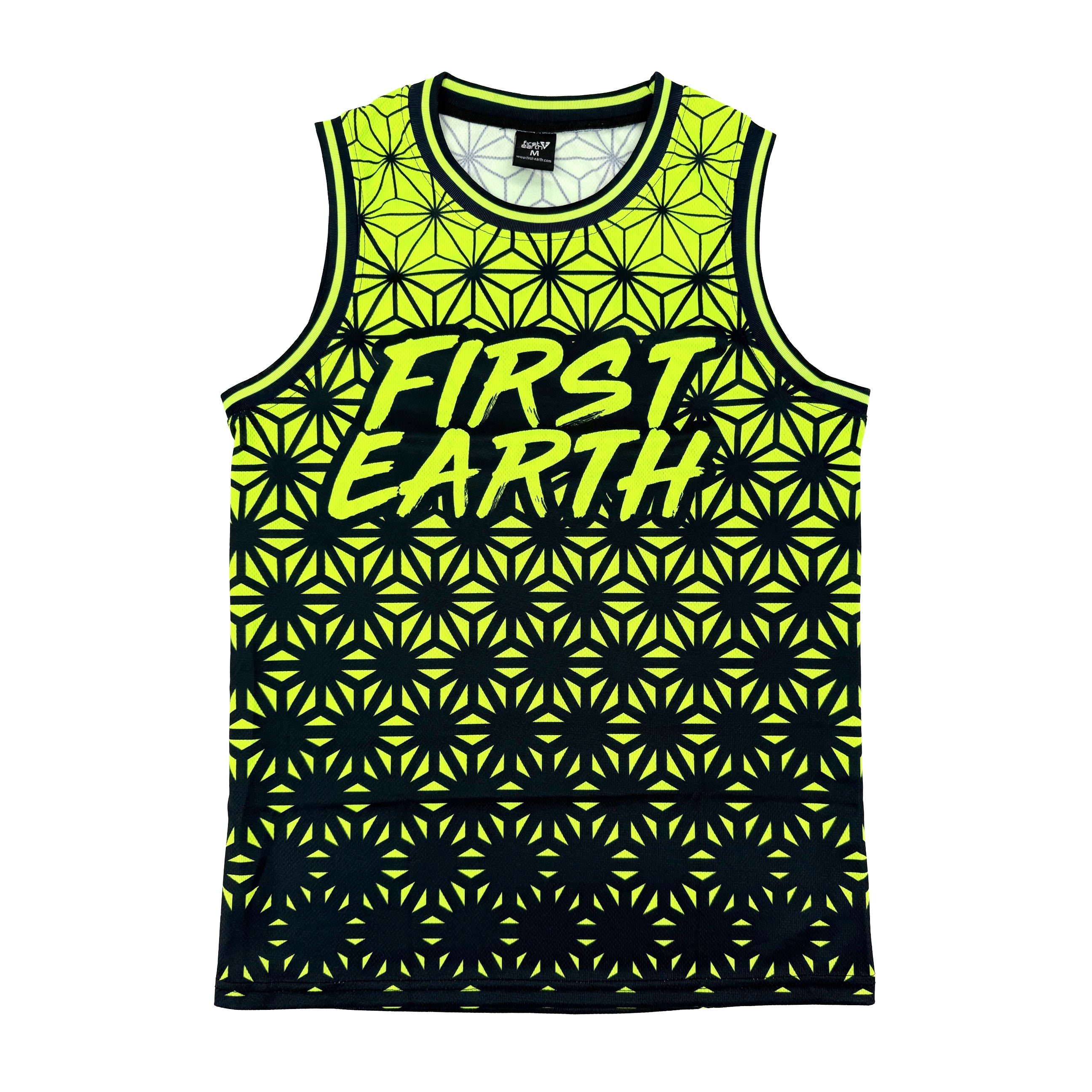 Asanoha yellow UV basketball jersey by First Earth – breathable rave jersey with glowing Asanoha geometric pattern on mesh fabric 