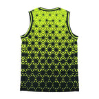 Asanoha yellow UV basketball jersey by First Earth – breathable rave jersey with glowing Asanoha geometric pattern on mesh fabric 