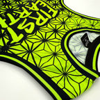 Asanoha yellow UV basketball jersey by First Earth – breathable rave jersey with glowing Asanoha geometric pattern on mesh fabric 