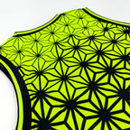 Asanoha yellow UV basketball jersey by First Earth – breathable rave jersey with glowing Asanoha geometric pattern on mesh fabric 