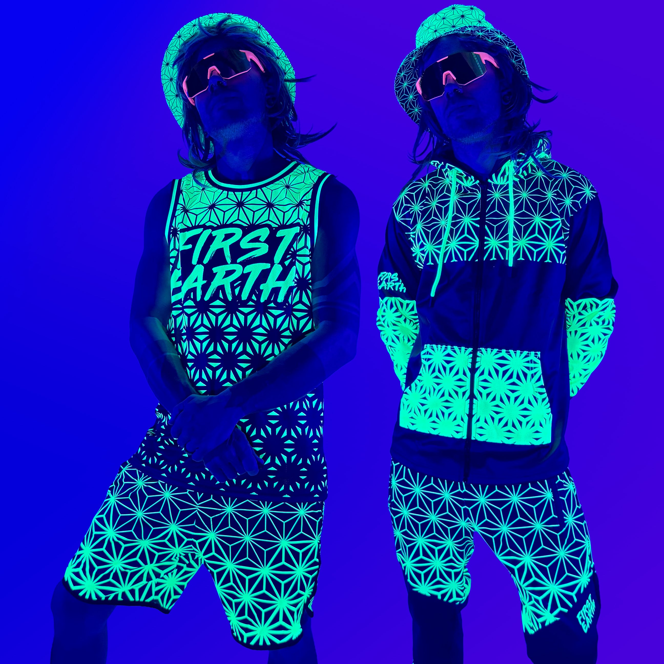 Asanoha yellow UV apparel set by First Earth – rave-ready collection featuring matching jerseys, hoodie, hat, shorts, and joggers with glowing sacred geometry design that shines under blacklight