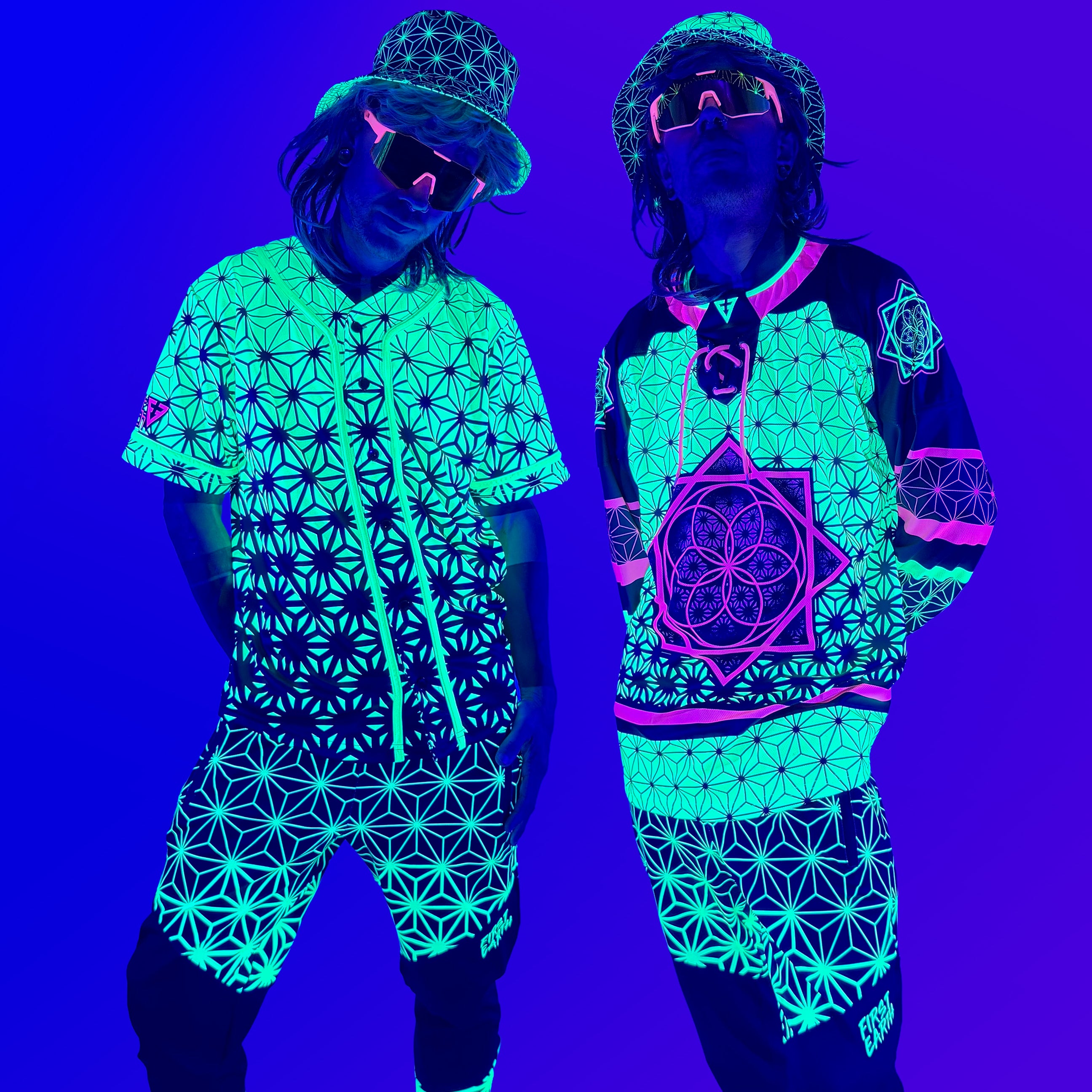 Asanoha yellow UV apparel by First Earth – rave-ready collection including hoodies, jerseys, joggers, and hats with glowing sacred geometry design that shines under blacklight