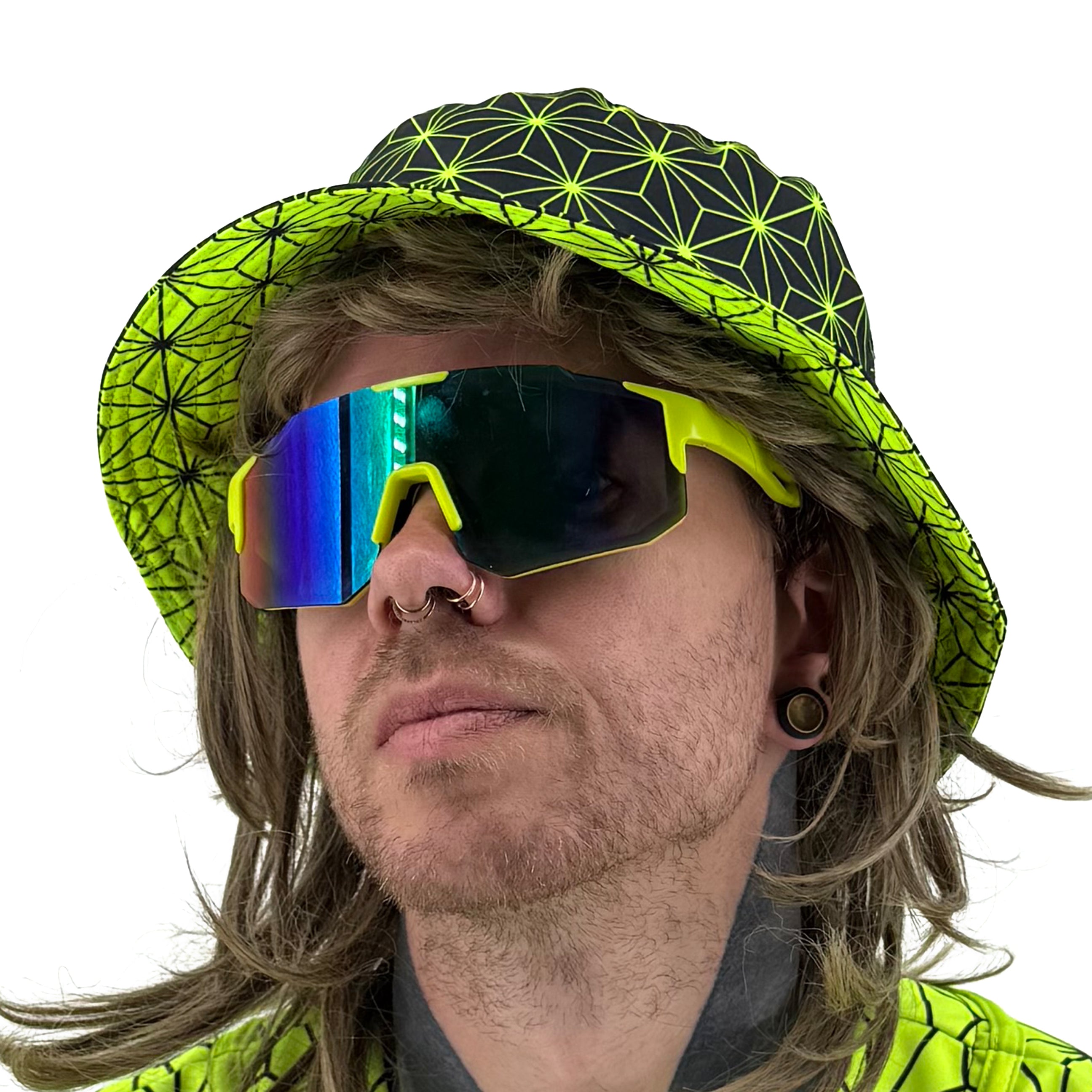 Asanoha yellow UV bucket hat by First Earth – rave-ready hat with glowing sacred geometry pattern, lightweight and breathable for all-night festival wear 