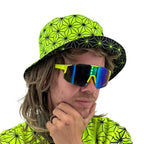 Asanoha yellow UV bucket hat by First Earth – rave-ready hat with glowing sacred geometry pattern, lightweight and breathable for all-night festival wear 