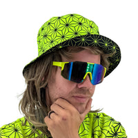 Asanoha yellow UV bucket hat by First Earth – rave-ready hat with glowing sacred geometry pattern, lightweight and breathable for all-night festival wear 