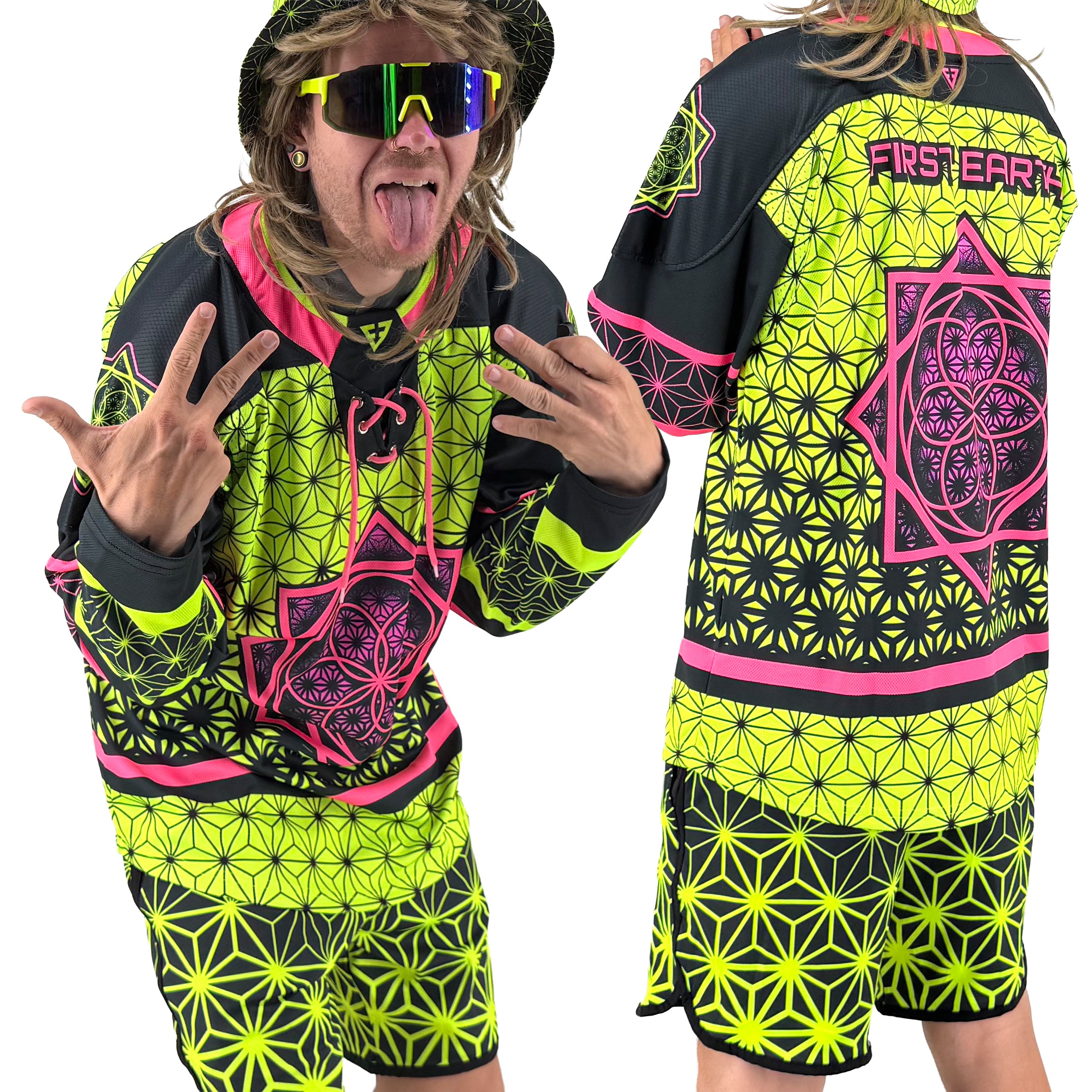Flower of Life UV green hockey jersey by First Earth – oversized, glowing rave-ready jersey featuring sacred geometry