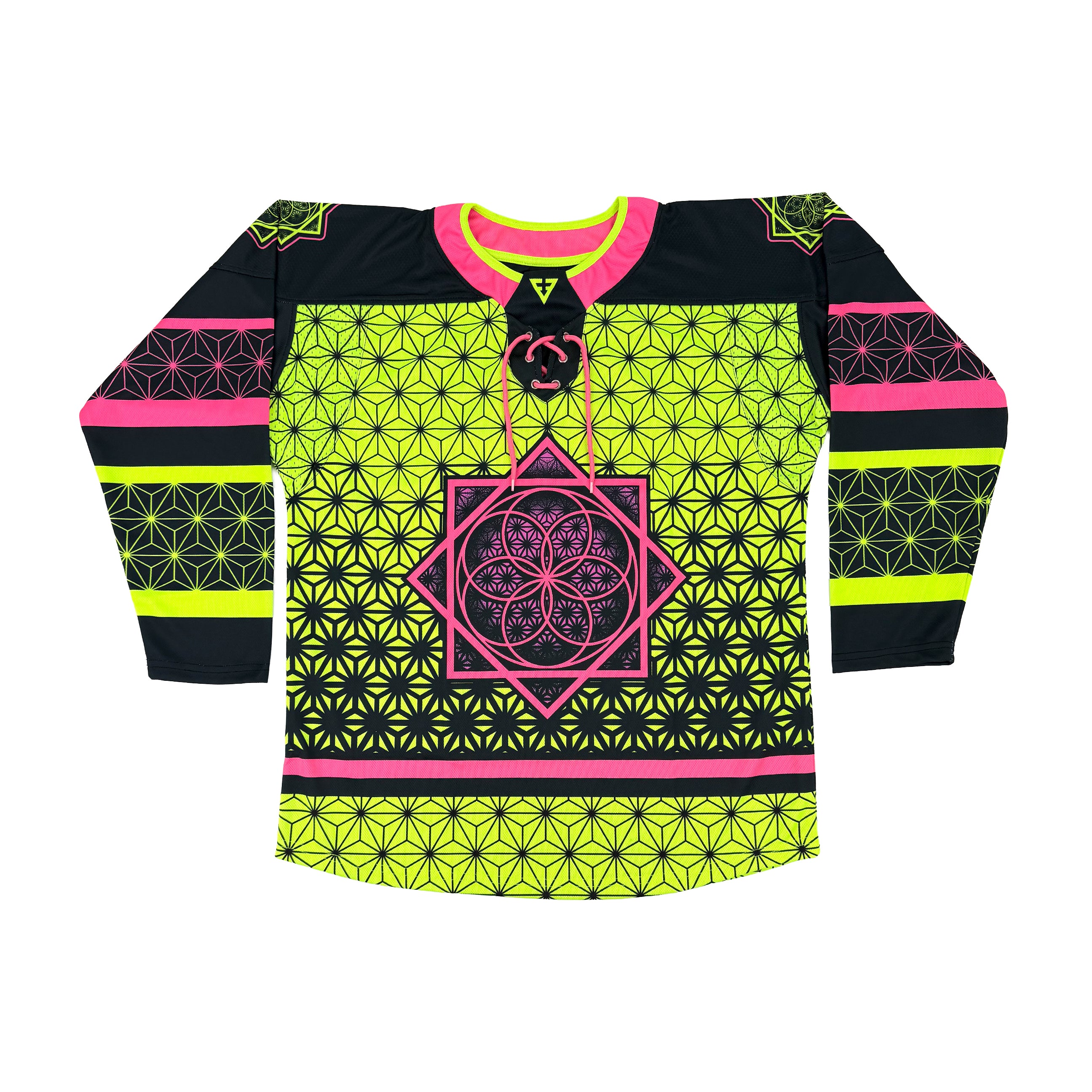 Flower of Life UV green hockey jersey by First Earth – oversized rave jersey featuring glowing sacred geometry Flow Star artwork for festivals