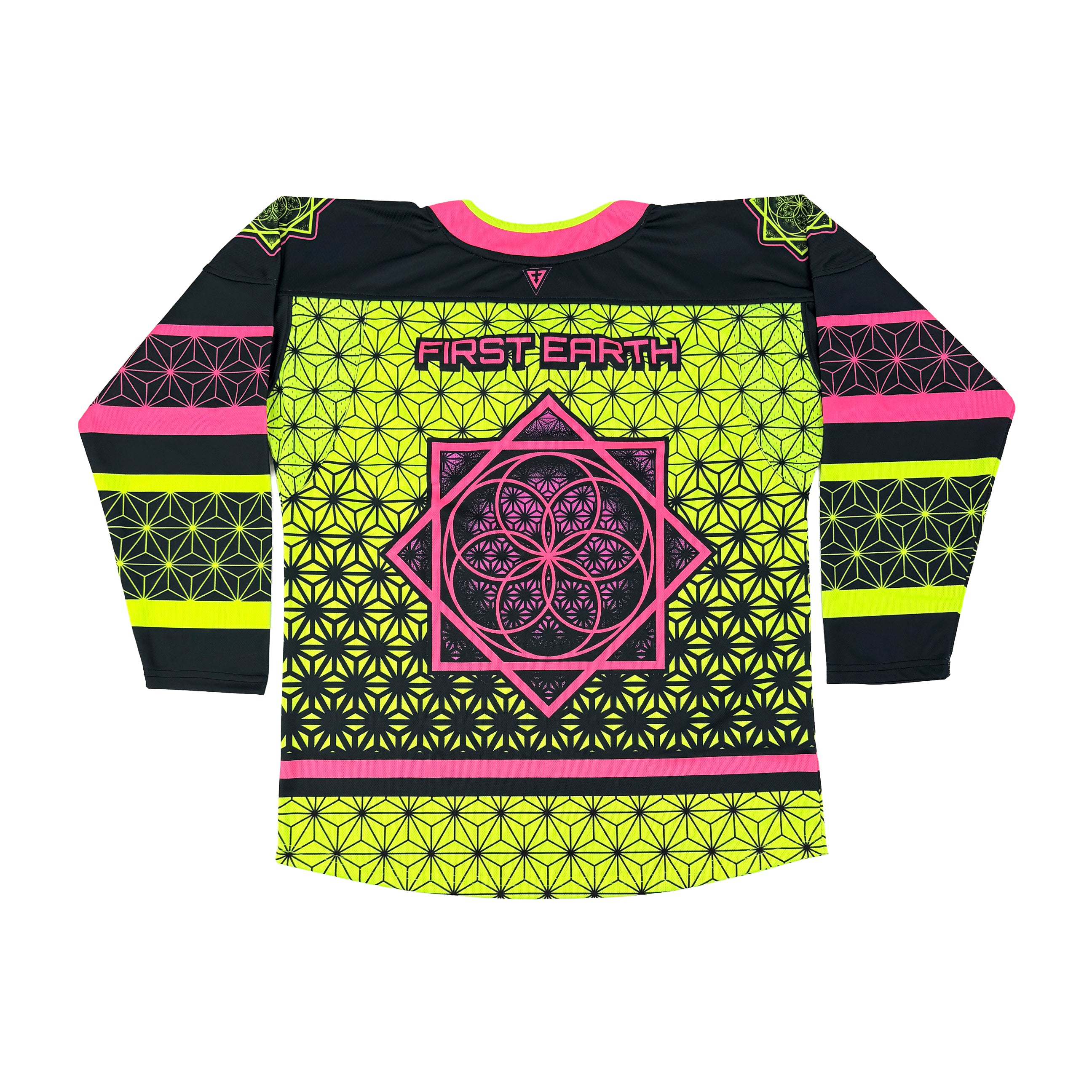 Flower of Life UV green hockey jersey by First Earth – oversized rave jersey featuring glowing sacred geometry Flow Star artwork for festivals