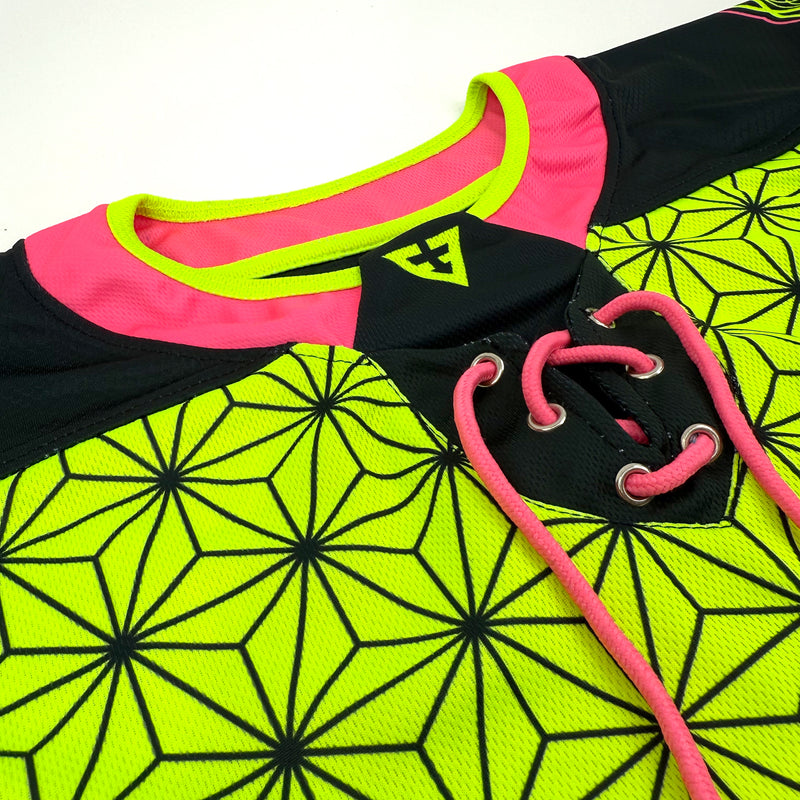 Flower of Life UV green hockey jersey by First Earth – oversized rave jersey featuring glowing sacred geometry Flow Star artwork for festivals