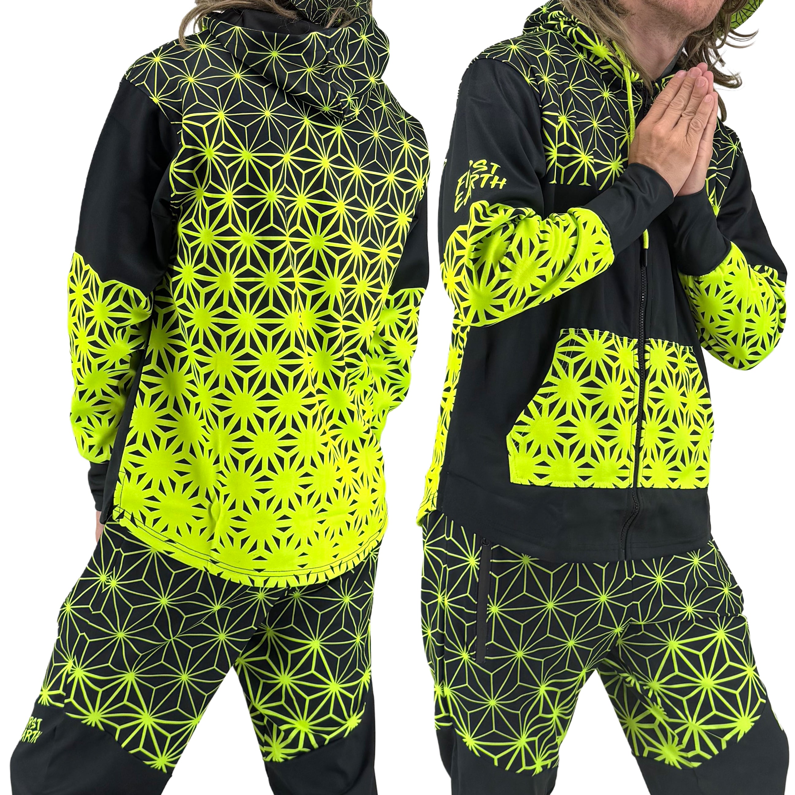 Asanoha yellow UV zip‑up hoodie by First Earth – rave-ready hoodie with glowing sacred geometry design under blacklight, thumb holes, and relaxed scoop hem for comfortable layering 