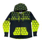 Asanoha yellow UV zip‑up hoodie by First Earth – rave-ready hoodie with glowing sacred geometry design under blacklight, thumb holes, and relaxed scoop hem for comfortable layering 