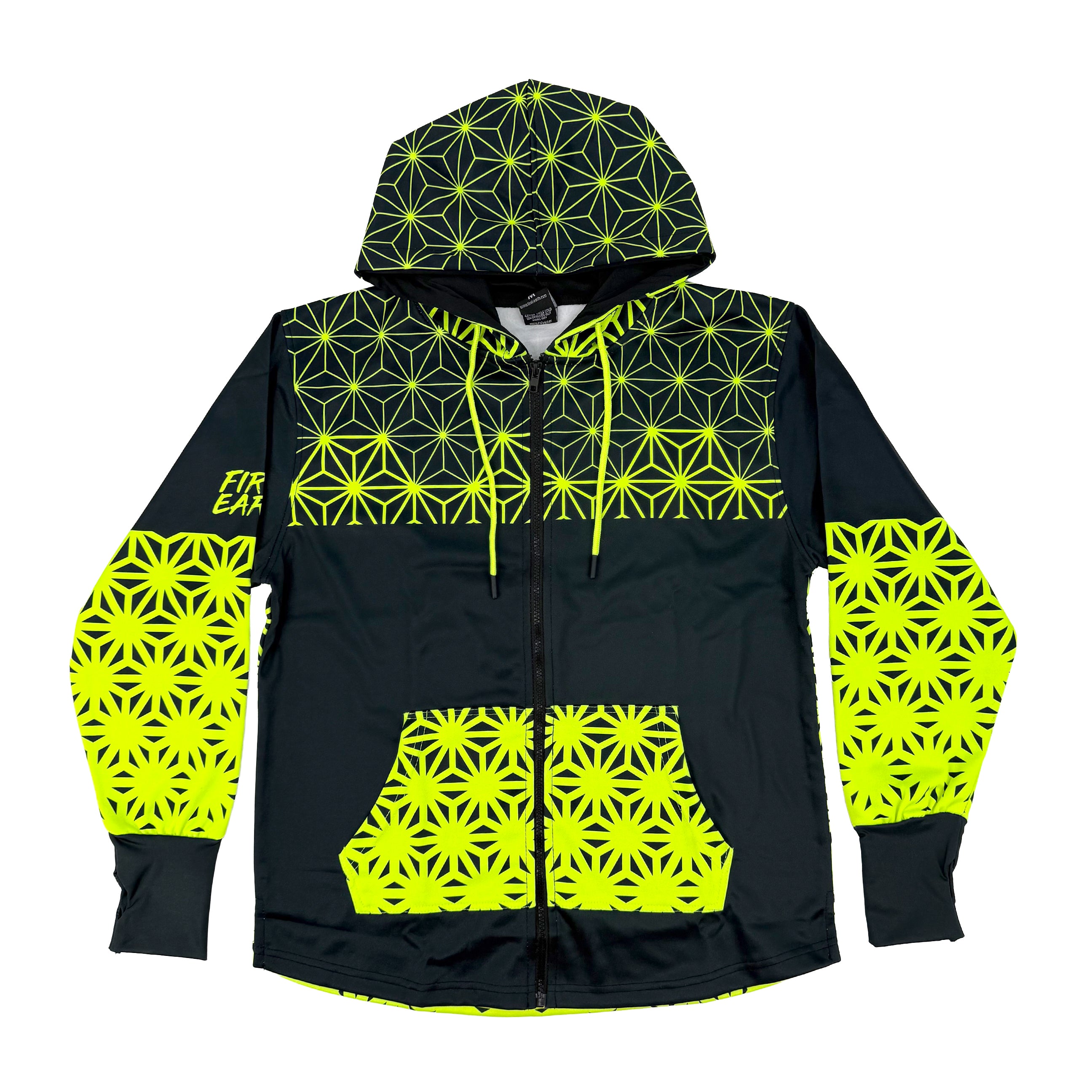 Asanoha yellow UV zip‑up hoodie by First Earth – rave-ready hoodie with glowing sacred geometry design under blacklight, thumb holes, and relaxed scoop hem for comfortable layering 