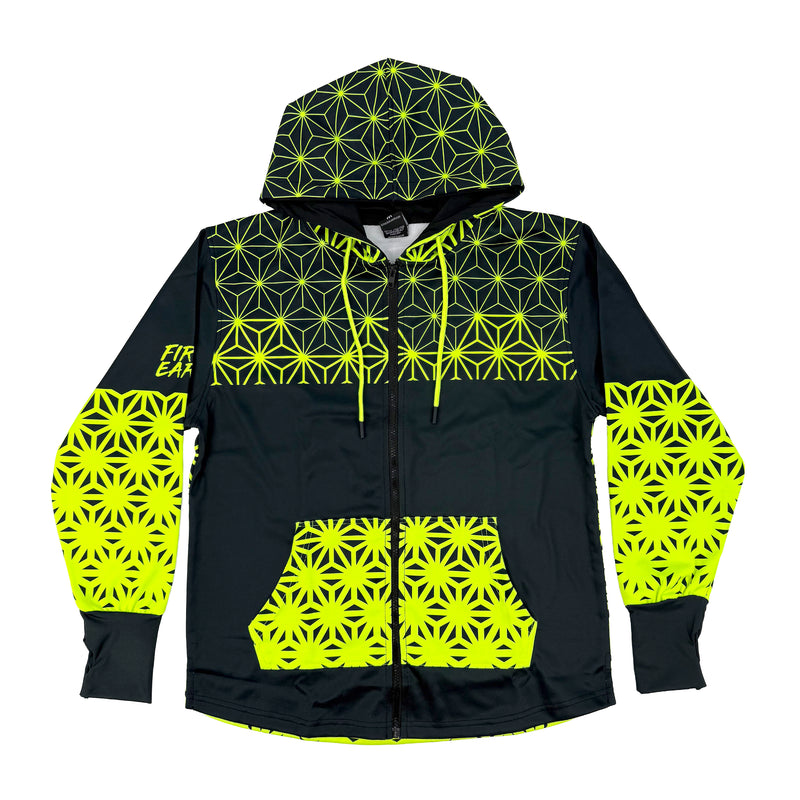 Asanoha yellow UV zip‑up hoodie by First Earth – rave-ready hoodie with glowing sacred geometry design under blacklight, thumb holes, and relaxed scoop hem for comfortable layering 