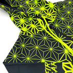 Asanoha yellow UV zip‑up hoodie by First Earth – rave-ready hoodie with glowing sacred geometry design under blacklight, thumb holes, and relaxed scoop hem for comfortable layering 