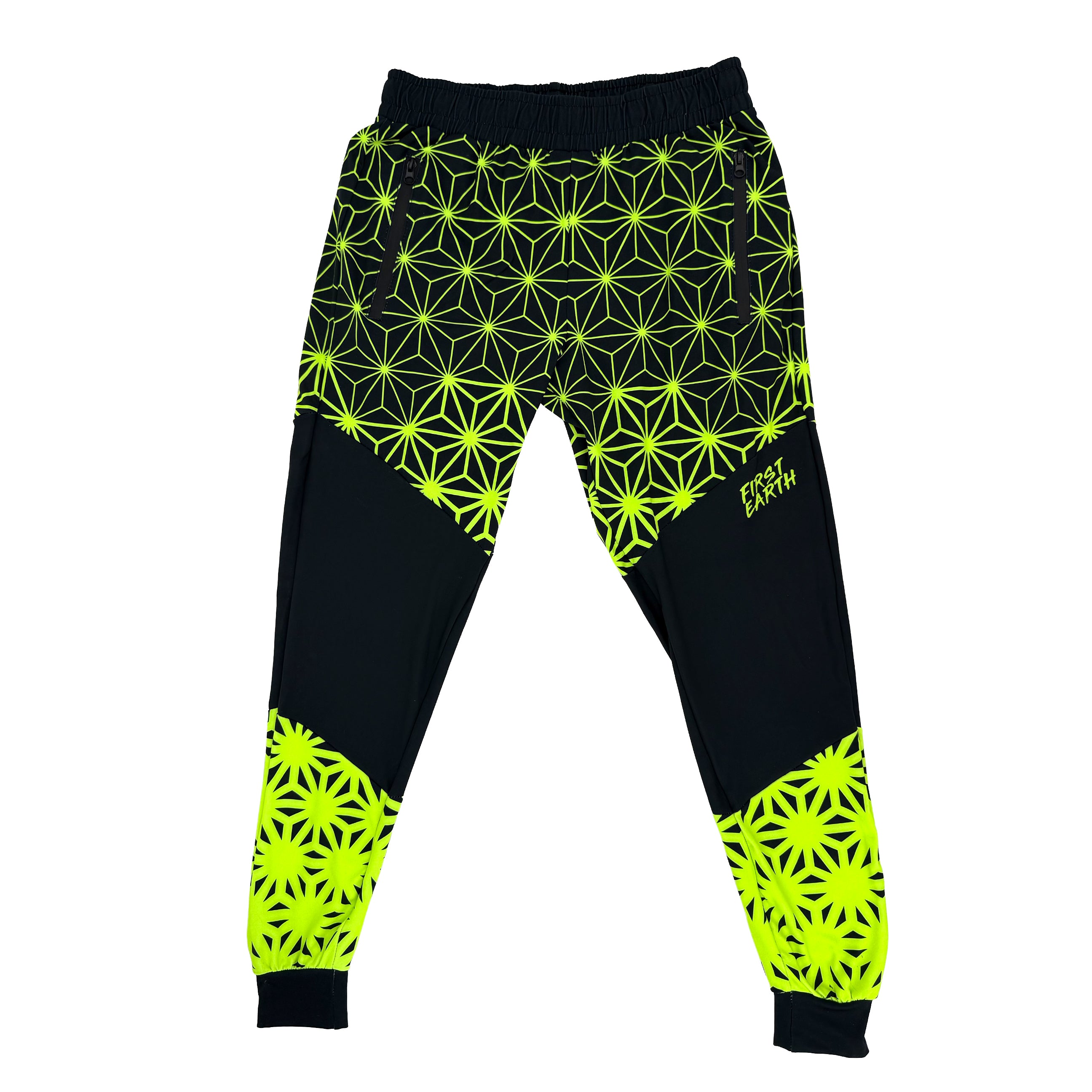 Asanoha yellow UV joggers by First Earth – rave-ready pants with glowing Asanoha sacred geometry, soft breathable polyester, zip pockets, and comfortable elastic waistband 