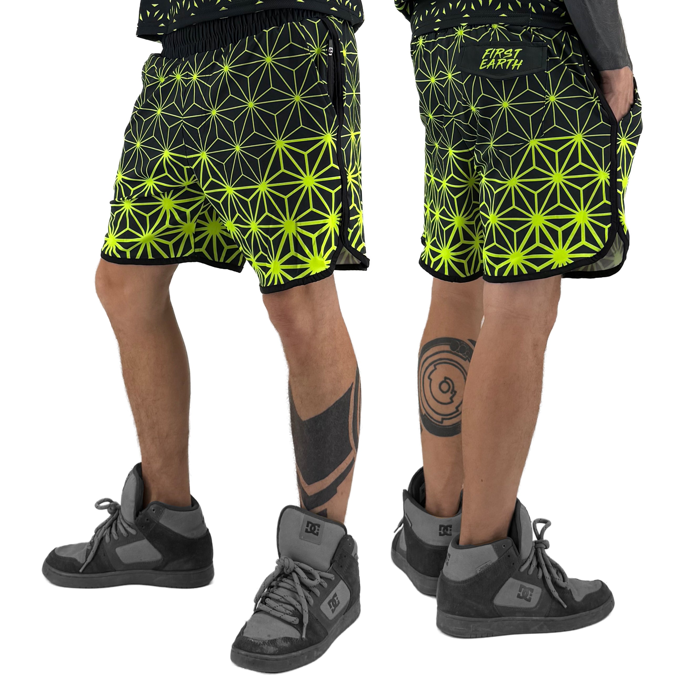 Asanoha yellow UV shorts by First Earth – rave-ready shorts featuring glowing sacred geometry design under blacklight, lightweight and breathable with practical pockets