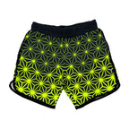 Asanoha yellow UV shorts by First Earth – rave-ready shorts featuring glowing sacred geometry design under blacklight, lightweight and breathable with practical pockets