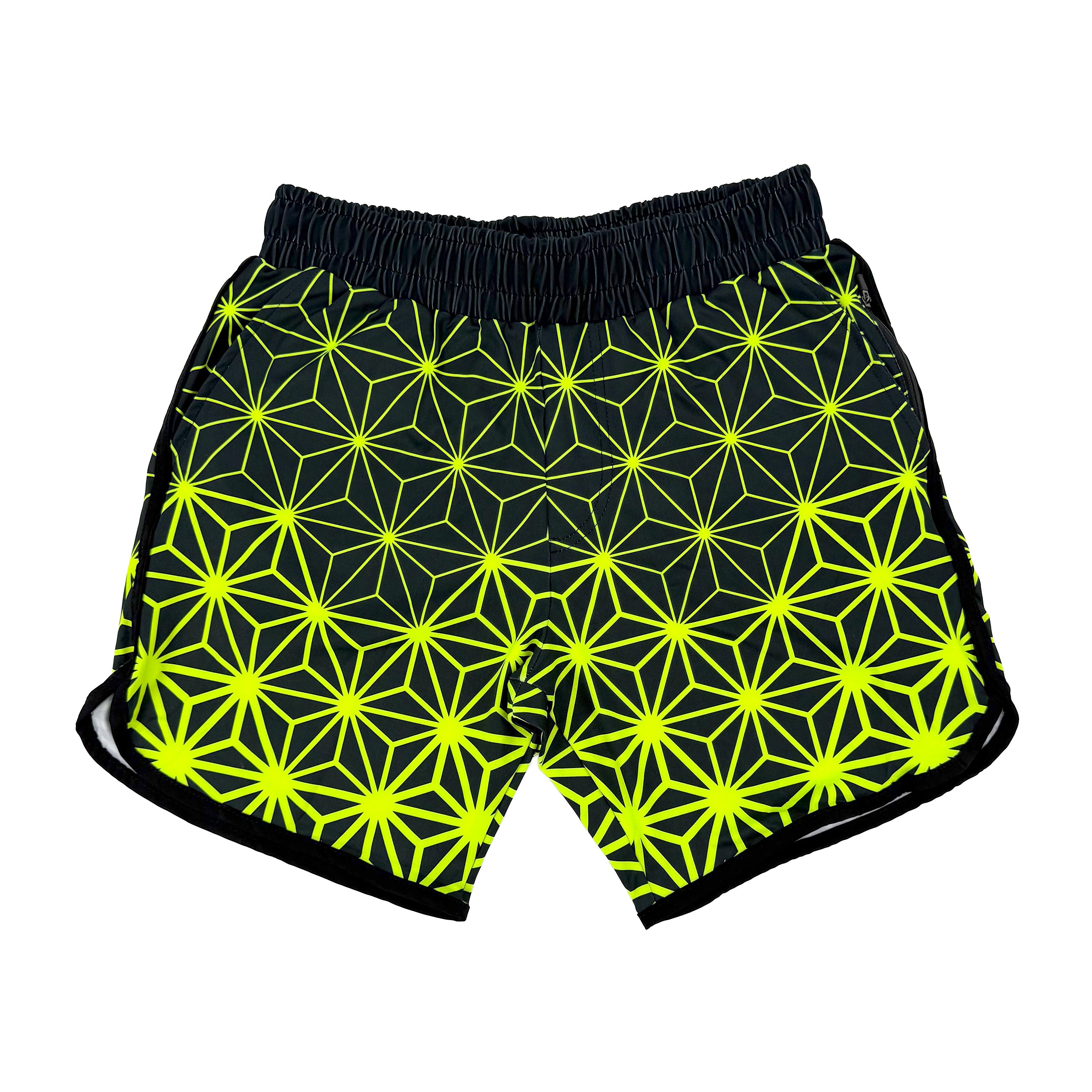 Asanoha yellow UV shorts by First Earth – rave-ready shorts featuring glowing sacred geometry design under blacklight, lightweight and breathable with practical pockets