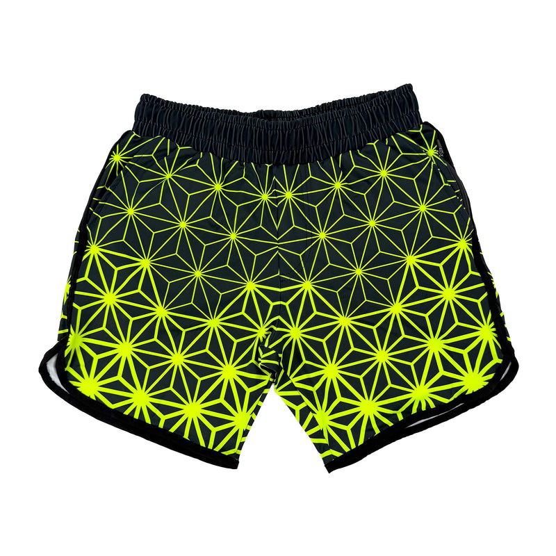 Asanoha yellow UV shorts by First Earth – rave-ready shorts featuring glowing sacred geometry design under blacklight, lightweight and breathable with practical pockets