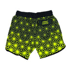 Asanoha yellow UV shorts by First Earth – rave-ready shorts featuring glowing sacred geometry design under blacklight, lightweight and breathable with practical pockets