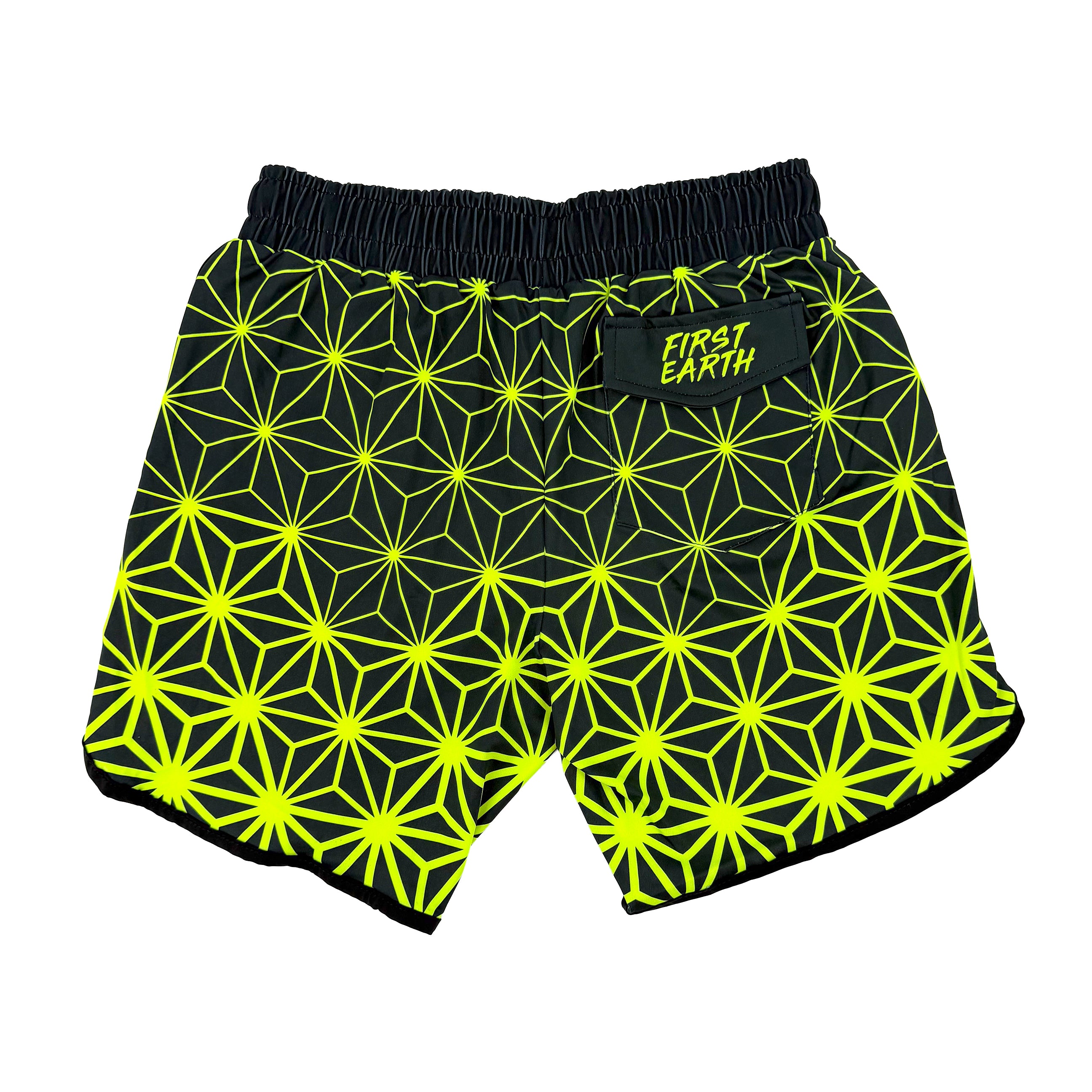 Asanoha yellow UV shorts by First Earth – rave-ready shorts featuring glowing sacred geometry design under blacklight, lightweight and breathable with practical pockets