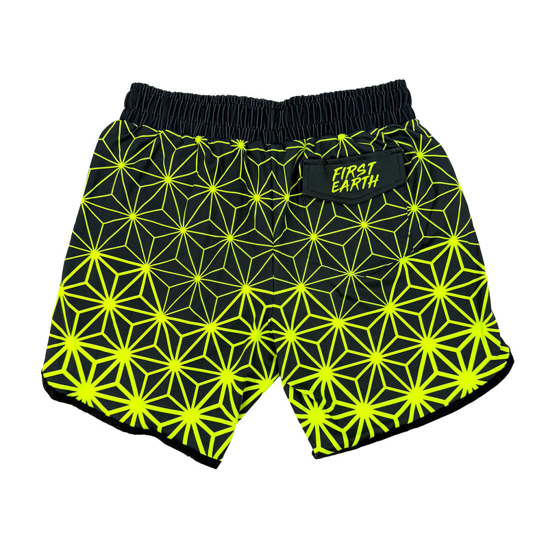 Asanoha yellow UV shorts by First Earth – rave-ready shorts featuring glowing sacred geometry design under blacklight, lightweight and breathable with practical pockets