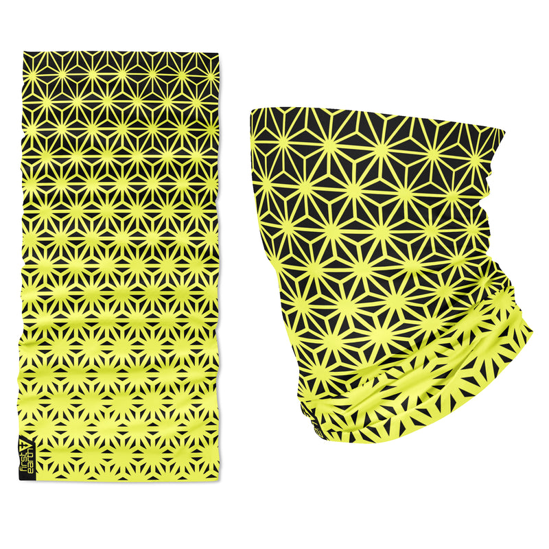 Asanoha Yellow - Tubular Bandana by First Earth, flat product view showing the full printed pattern and seamless tube shape