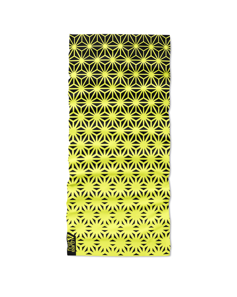 Asanoha Yellow - Tubular Bandana by First Earth, worn styling view showing one way to use the multipurpose headwear