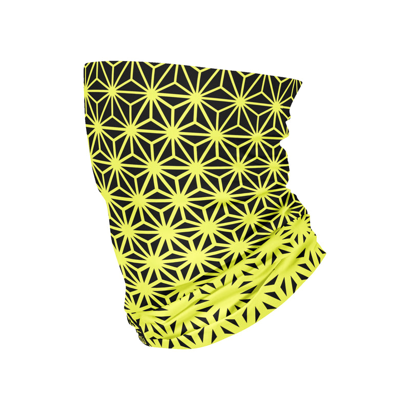 Asanoha Yellow - Tubular Bandana by First Earth, detail view showing the fabric, printed colors, and repeating pattern