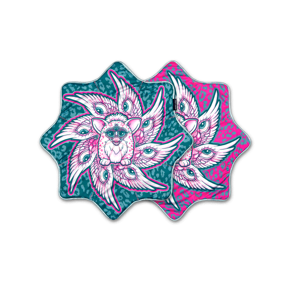 Teal and pink sides of Biblically Accurate Flurbstar, a winged three-eyed creature on leopard print