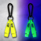 Neon yellow First Earth Flow Star carabiner shown in daylight and glowing green under blacklight
