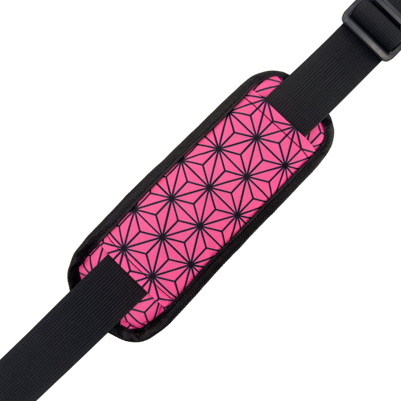 Asanoha Pink - UV - Cross Body Bag by First Earth, detail view showing the zipper, strap, hardware, and construction