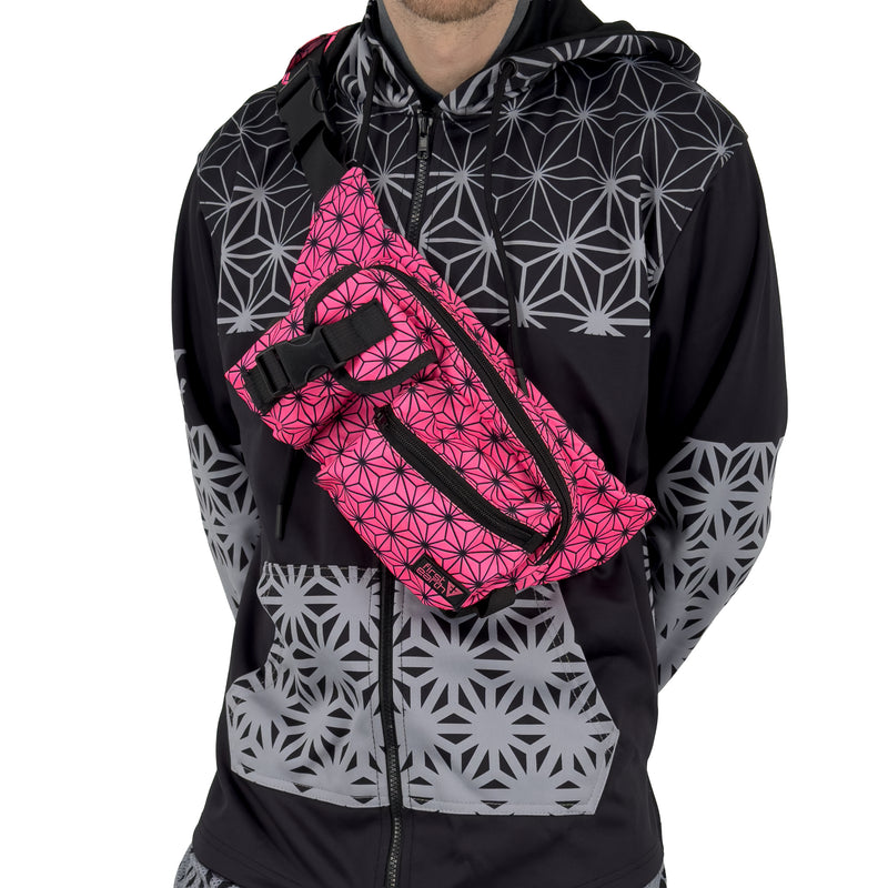 Asanoha Pink - UV - Cross Body Bag by First Earth, interior view showing the storage compartment and zipper opening