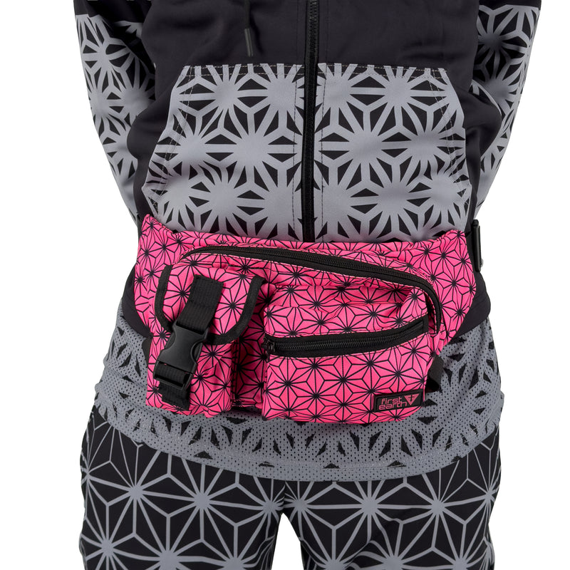 Asanoha Pink - UV - Cross Body Bag by First Earth, worn styling view showing the adjustable fit across the body