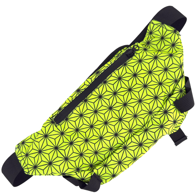 Asanoha Yellow - UV - Cross Body Bag by First Earth, back view showing the printed panel, shape, and strap attachment