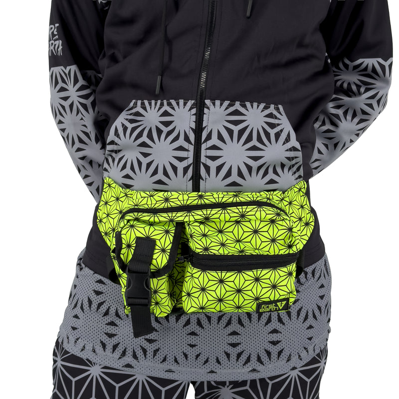 Asanoha Yellow - UV - Cross Body Bag by First Earth, worn styling view showing the adjustable fit across the body